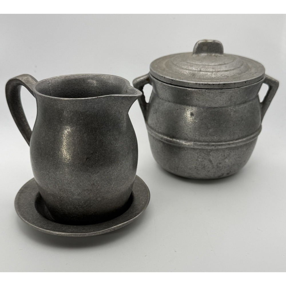 Vintage Pewter Style Cast Metal Creamer and Lidded Sugar Bowl Set 4 Farmhouse
